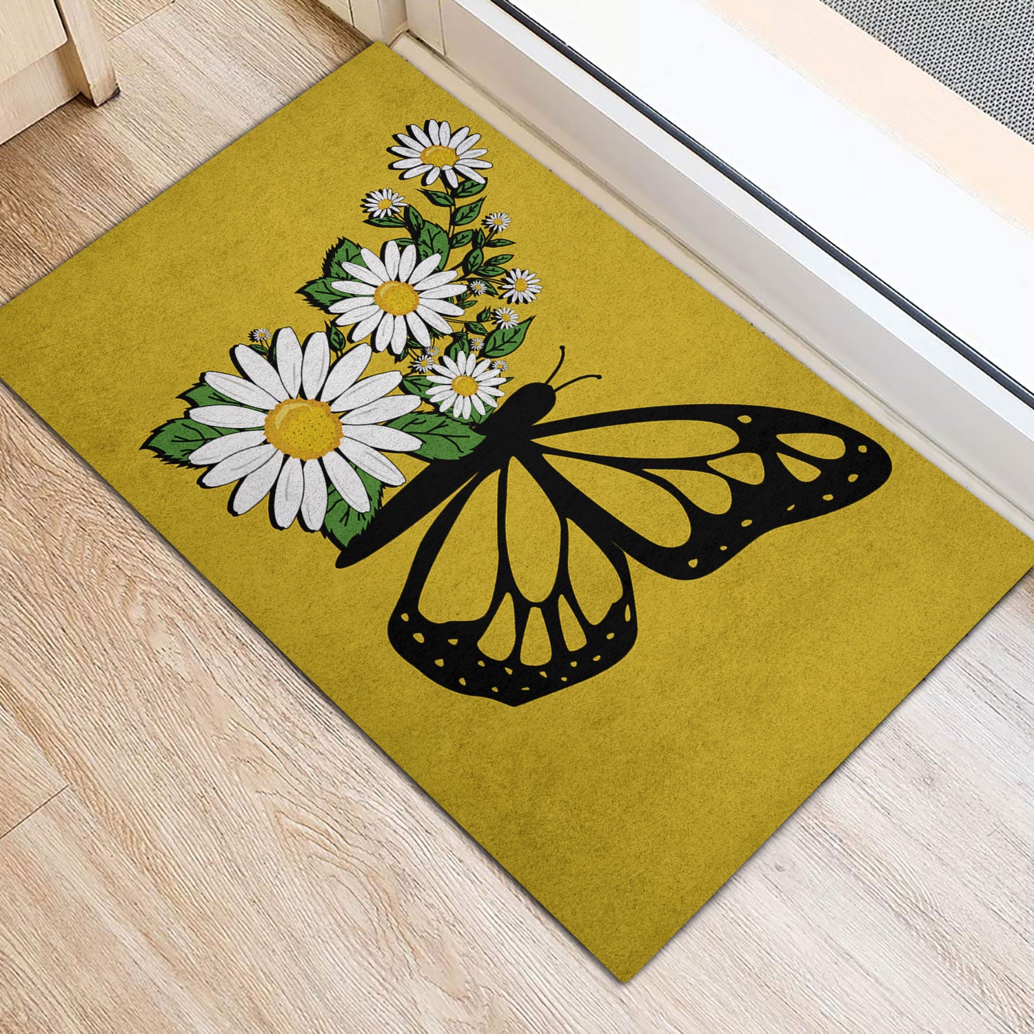 Ohaprints-Doormat-Outdoor-Indoor-Butterflies-White-Daisy-Butterfly-Flower-Floral-Light-Brown-Rubber-Door-Mat-642-