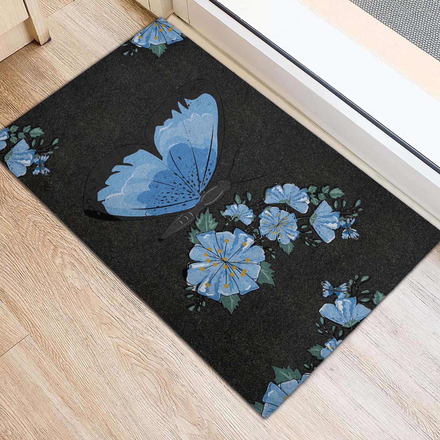 Ohaprints-Doormat-Outdoor-Indoor-Butterfly-Blue-Flower-Butterflies-Flowers-Floral-Black-Rubber-Door-Mat-644-