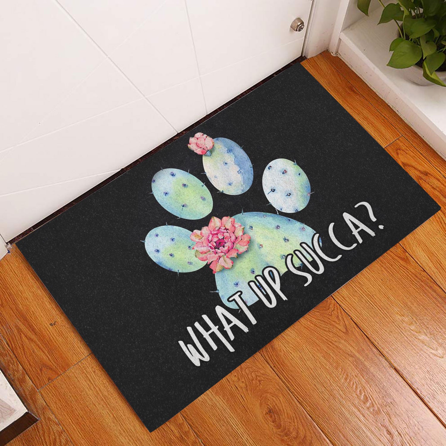 succulent doormat Rubber Doormat, Funny Dog Paw Cactus Succulent plant What Up Succa Welcome Doormat, Indoor Outdoor Door Mat, Home Decor