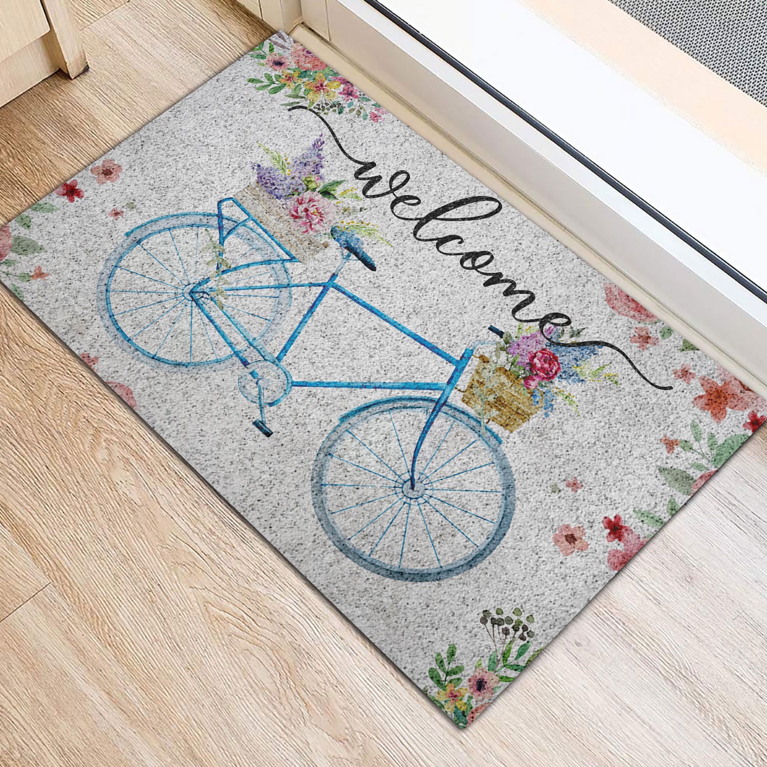 Ohaprints-Doormat-Outdoor-Indoor-Welcome-Blue-Bike-Bicycle-With-Flowers-Floral-Grey-Rubber-Door-Mat-682-