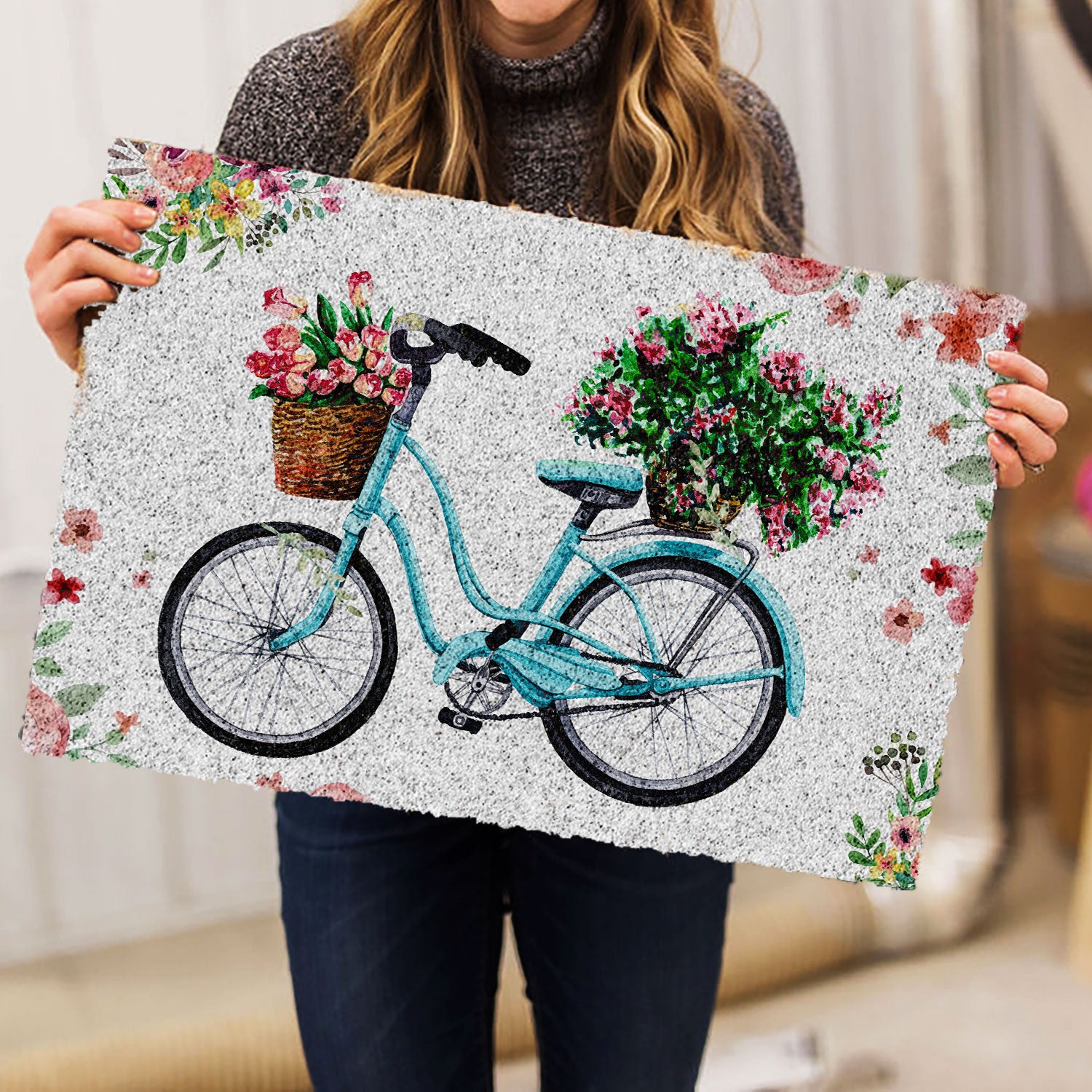 Ohaprints-Doormat-Outdoor-Indoor-Turquoise-Bike-Bicycle-With-Flowers-Welcome-Floral-Grey-Rubber-Door-Mat-683-