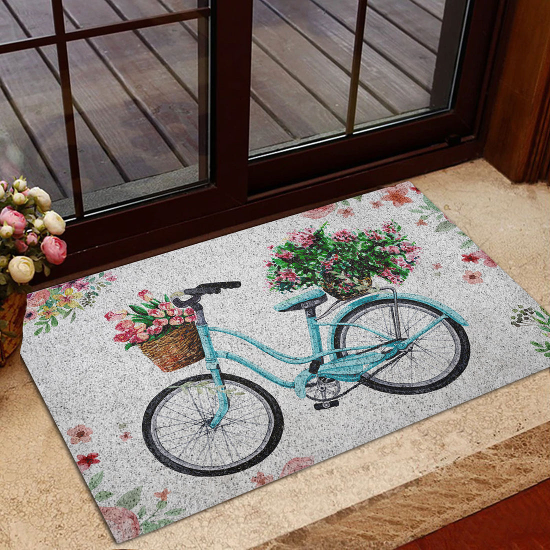 Ohaprints-Doormat-Outdoor-Indoor-Turquoise-Bike-Bicycle-With-Flowers-Welcome-Floral-Grey-Rubber-Door-Mat-683-18'' x 30''