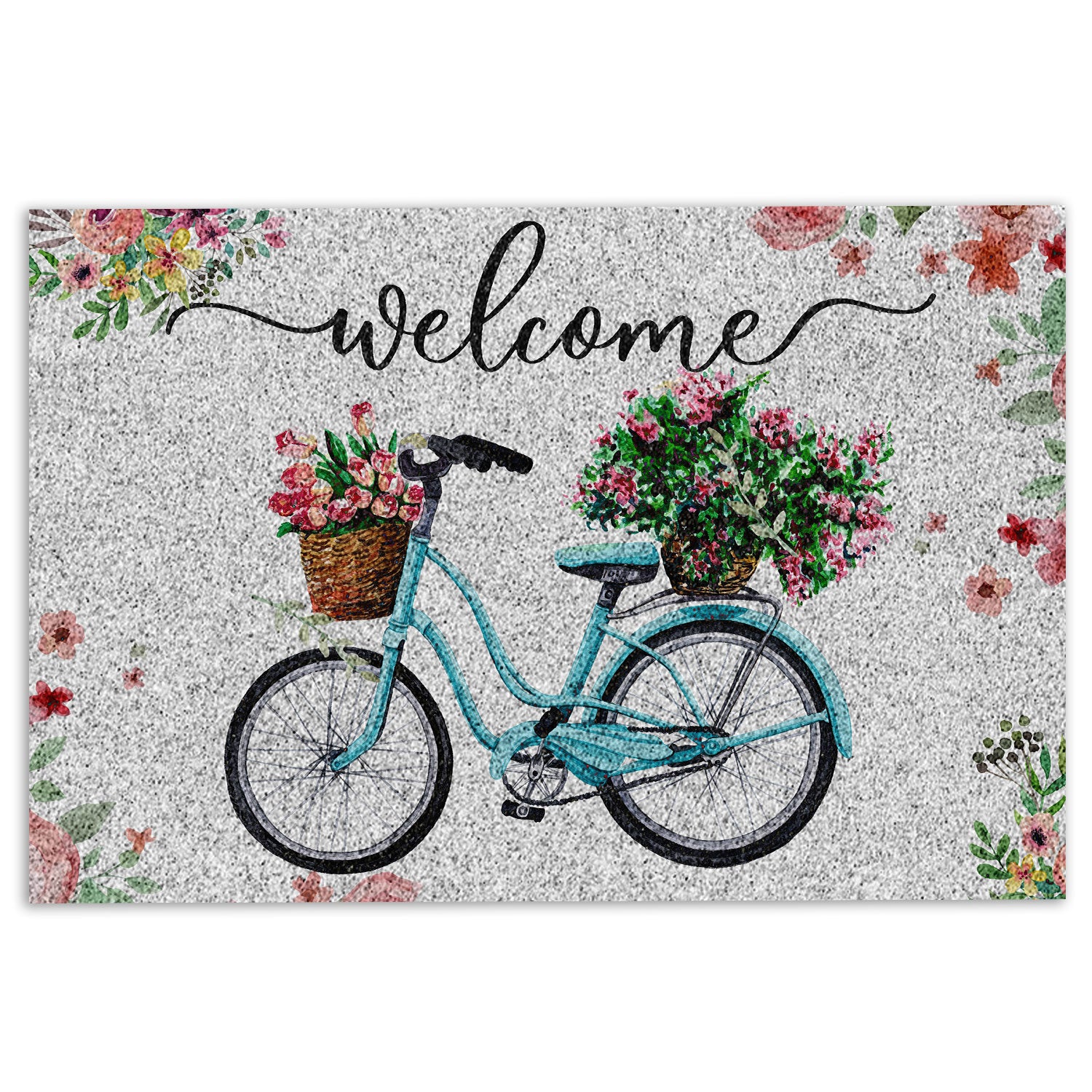 Ohaprints-Doormat-Outdoor-Indoor-Welcome-Turquoise-Bike-Bicycle-With-Flowers-Floral-Grey-Rubber-Door-Mat-684-18'' x 30''