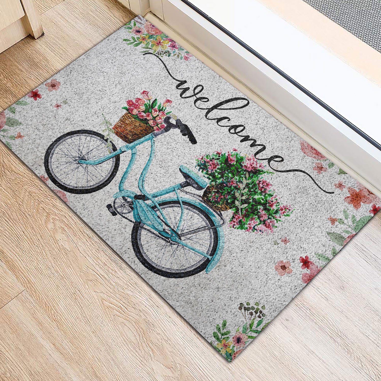 Ohaprints-Doormat-Outdoor-Indoor-Welcome-Turquoise-Bike-Bicycle-With-Flowers-Floral-Grey-Rubber-Door-Mat-684-