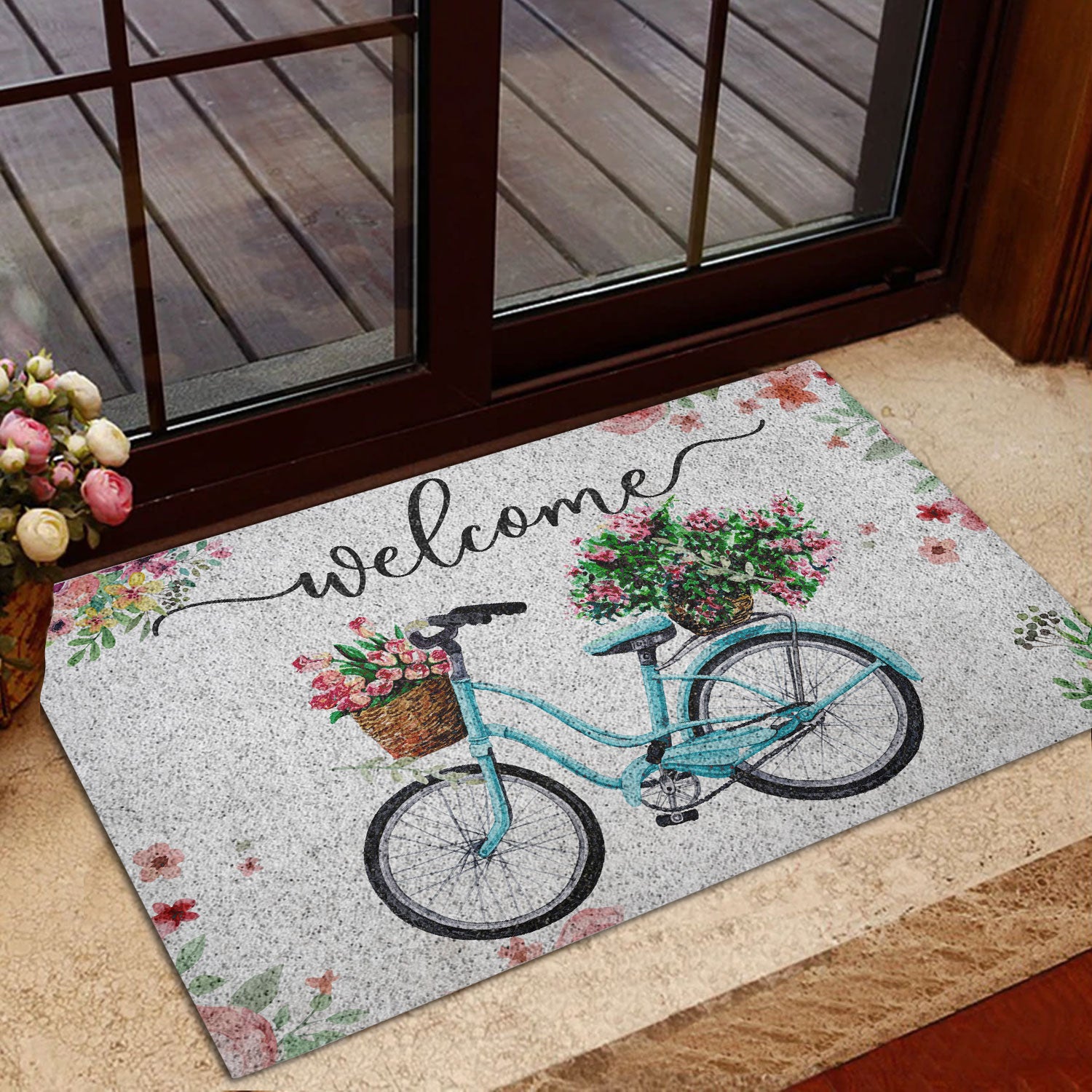 Ohaprints-Doormat-Outdoor-Indoor-Welcome-Turquoise-Bike-Bicycle-With-Flowers-Floral-Grey-Rubber-Door-Mat-684-