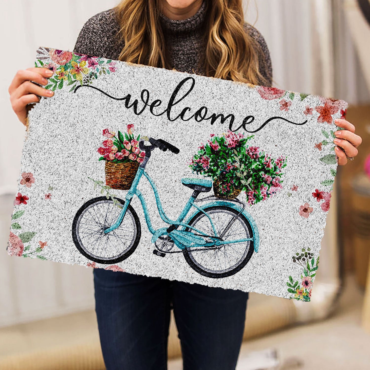 Ohaprints-Doormat-Outdoor-Indoor-Welcome-Turquoise-Bike-Bicycle-With-Flowers-Floral-Grey-Rubber-Door-Mat-684-