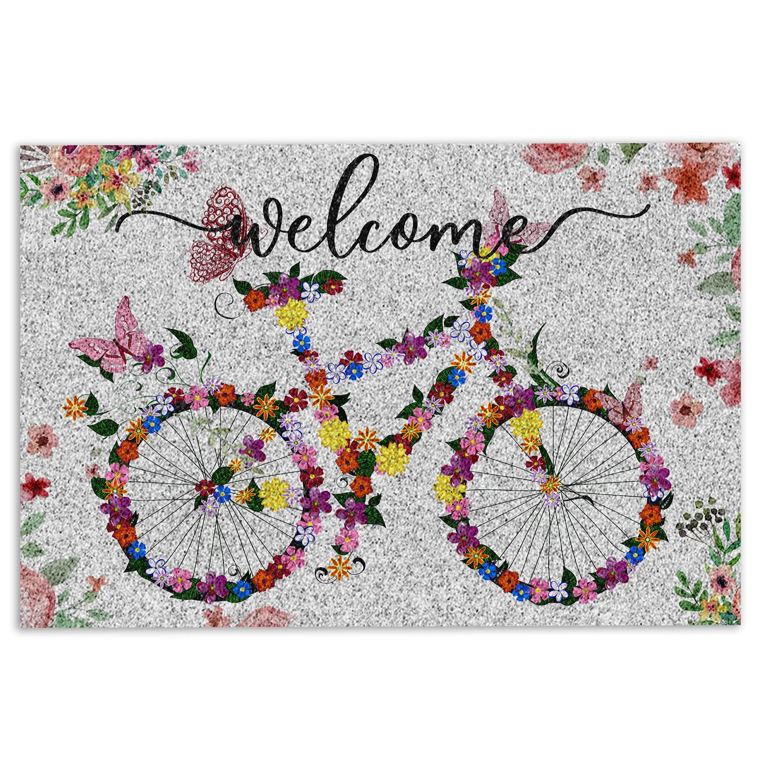 Rubber Doormat, Bike Bicycle with Spring Flowers Welcome Floral Grey Welcome Doormat, Indoor Outdoor Door Mat, Home Decor