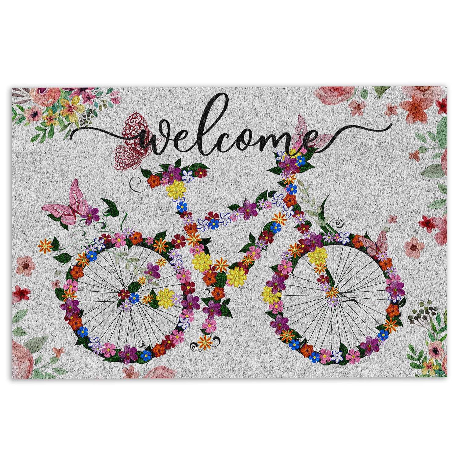 Ohaprints-Doormat-Outdoor-Indoor-Bike-Bicycle-With-Spring-Flowers-Welcome-Floral-Grey-Rubber-Door-Mat-685-18'' x 30''