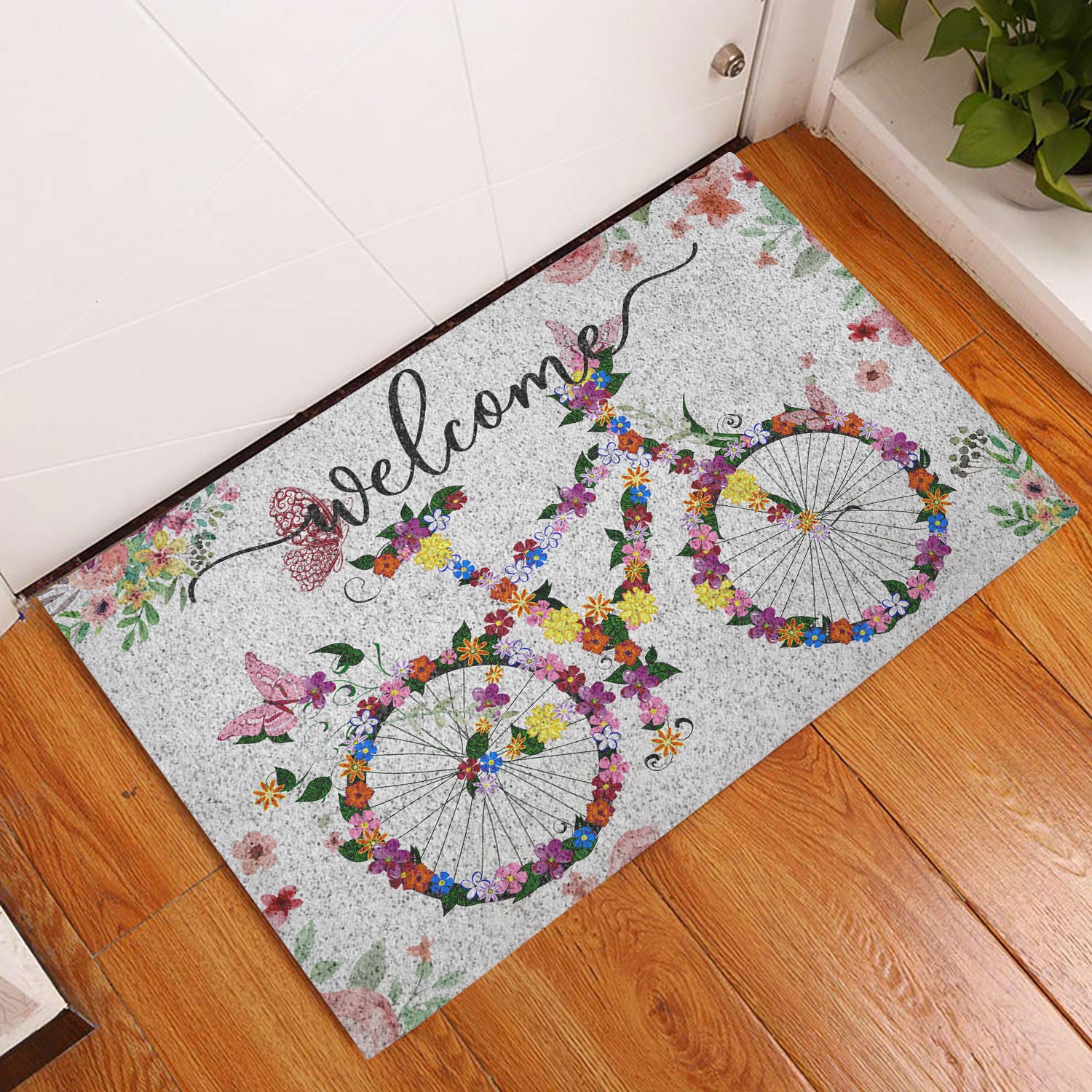 Rubber Doormat, Bike Bicycle with Spring Flowers Welcome Floral Grey Welcome Doormat, Indoor Outdoor Door Mat, Home Decor