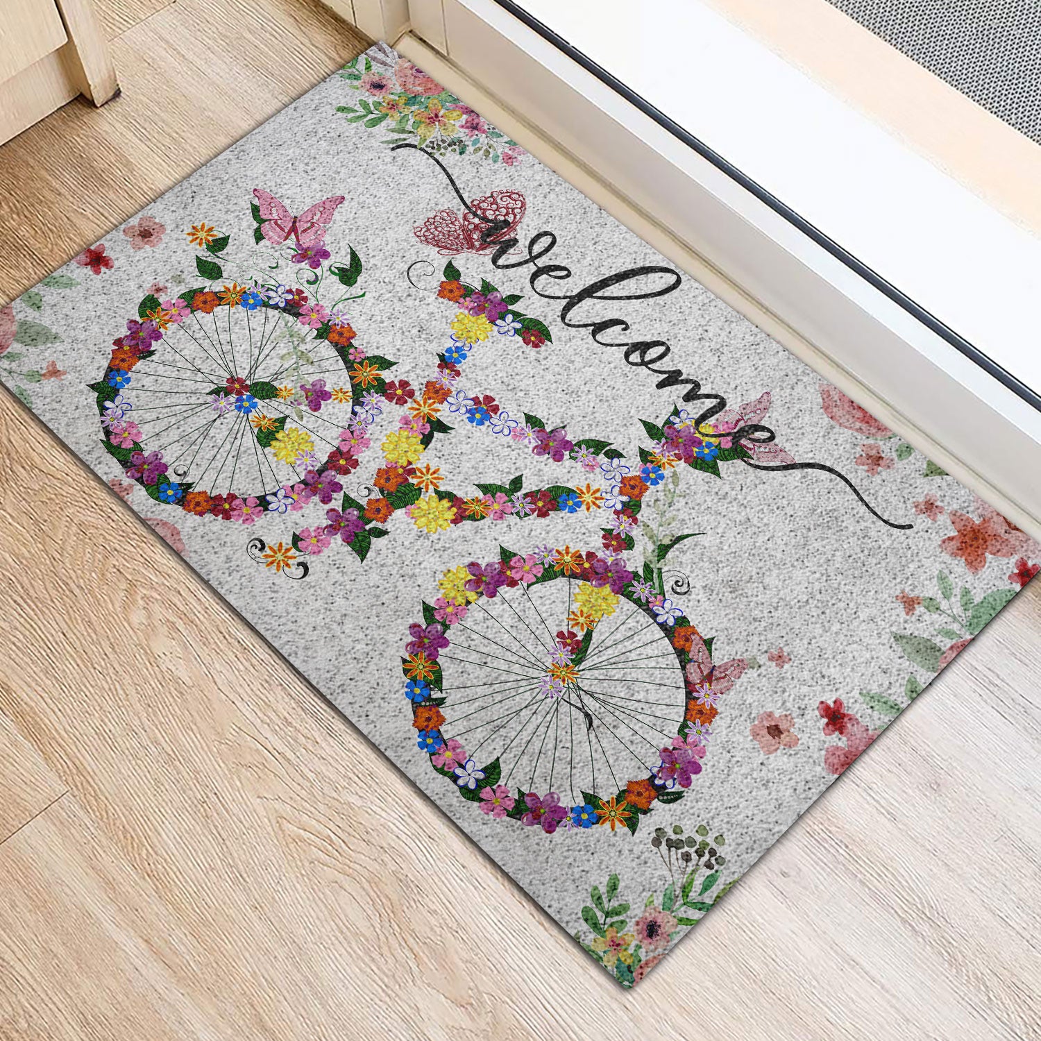 Rubber Doormat, Bike Bicycle with Spring Flowers Welcome Floral Grey Welcome Doormat, Indoor Outdoor Door Mat, Home Decor
