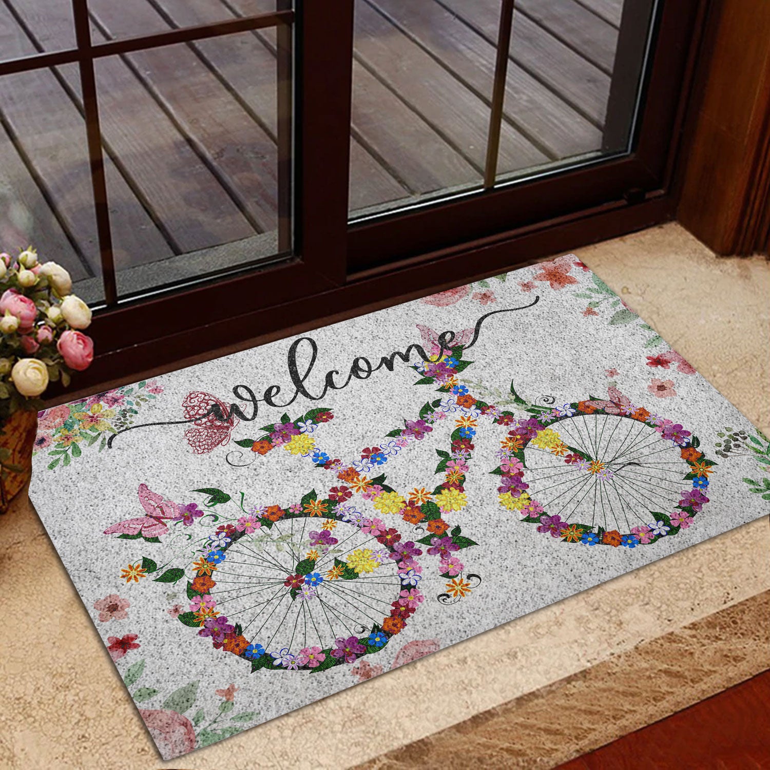 Ohaprints-Doormat-Outdoor-Indoor-Bike-Bicycle-With-Spring-Flowers-Welcome-Floral-Grey-Rubber-Door-Mat-685-