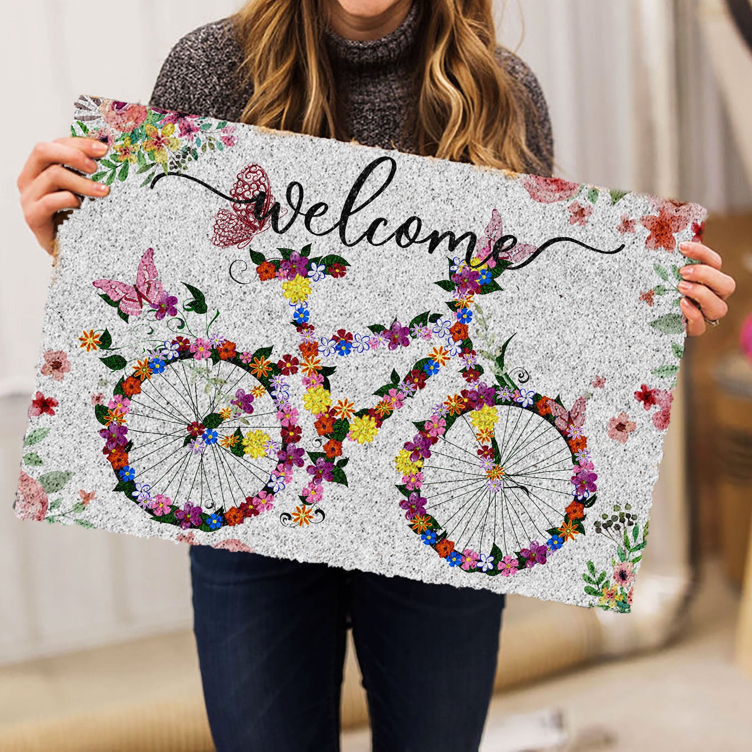 Ohaprints-Doormat-Outdoor-Indoor-Bike-Bicycle-With-Spring-Flowers-Welcome-Floral-Grey-Rubber-Door-Mat-685-