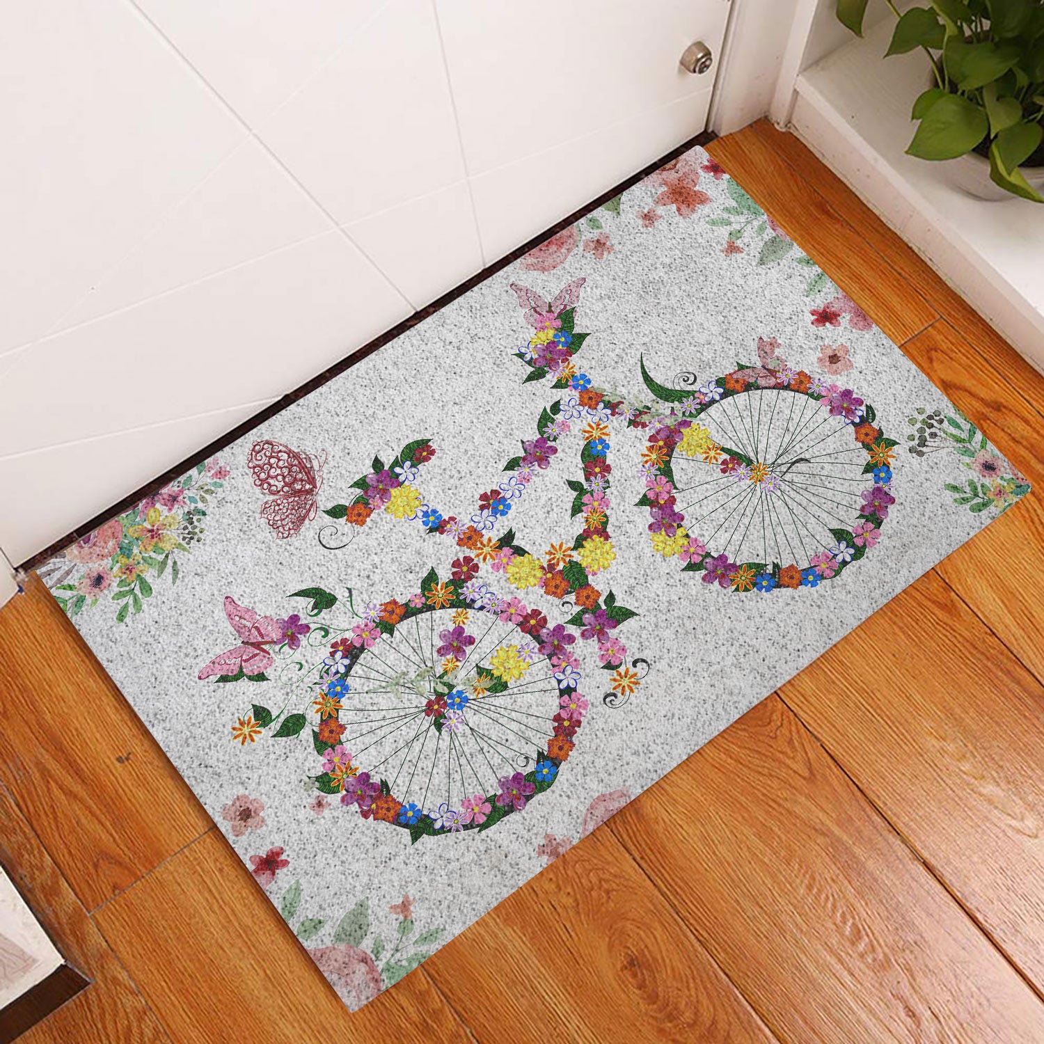 Ohaprints-Doormat-Outdoor-Indoor-Welcome-Bike-Bicycle-With-Spring-Flowers-Floral-Grey-Rubber-Door-Mat-686-