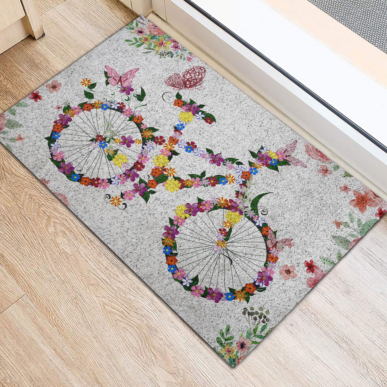 Ohaprints-Doormat-Outdoor-Indoor-Welcome-Bike-Bicycle-With-Spring-Flowers-Floral-Grey-Rubber-Door-Mat-686-