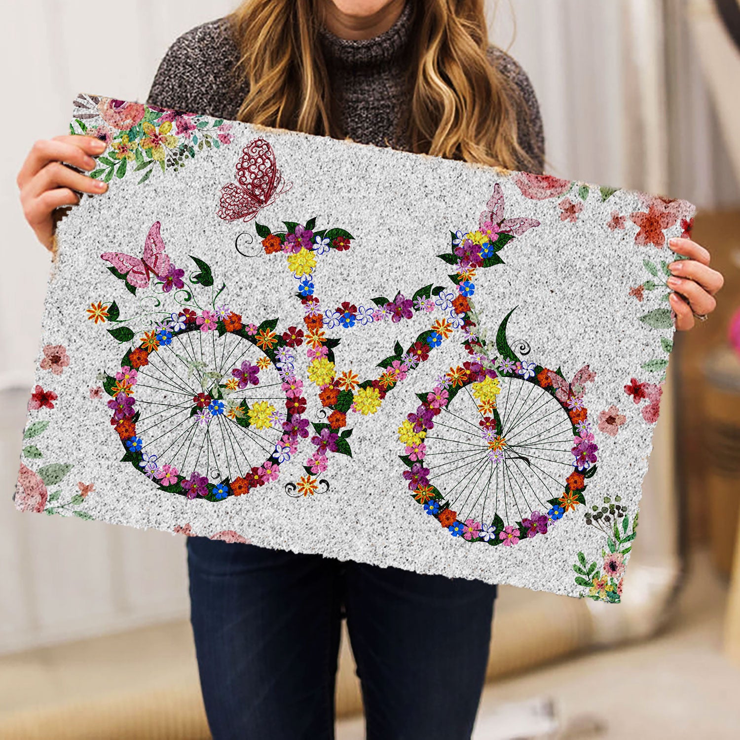 Ohaprints-Doormat-Outdoor-Indoor-Welcome-Bike-Bicycle-With-Spring-Flowers-Floral-Grey-Rubber-Door-Mat-686-