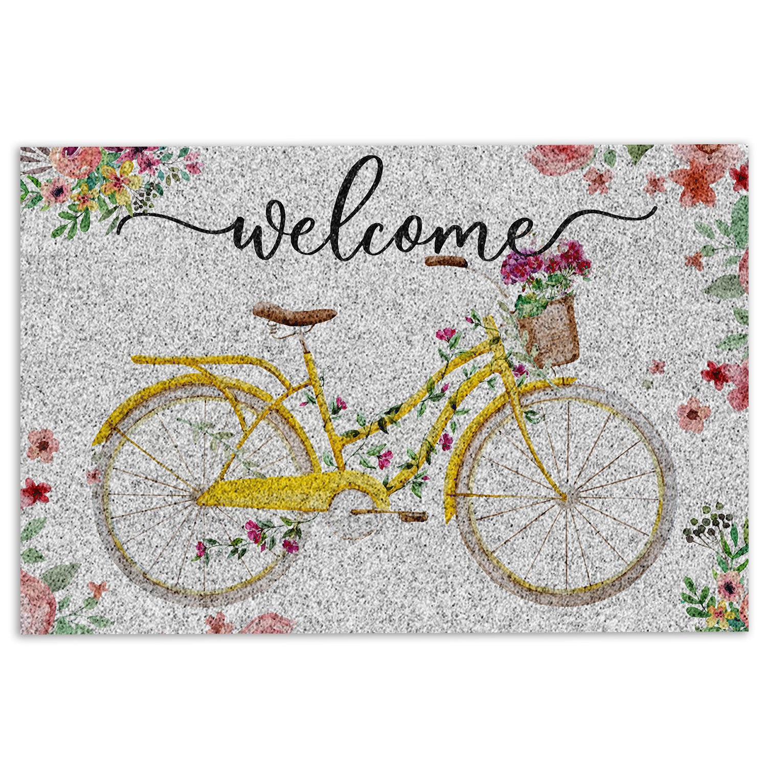 Ohaprints-Doormat-Outdoor-Indoor-Welcome-Yellow-Bike-Bicycle-With-Flowers-Floral-Grey-Rubber-Door-Mat-688-18'' x 30''