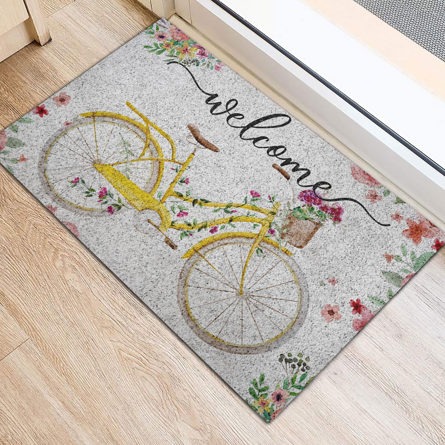 Ohaprints-Doormat-Outdoor-Indoor-Welcome-Yellow-Bike-Bicycle-With-Flowers-Floral-Grey-Rubber-Door-Mat-688-