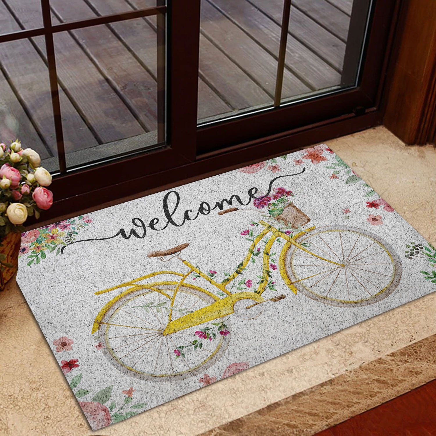 Ohaprints-Doormat-Outdoor-Indoor-Welcome-Yellow-Bike-Bicycle-With-Flowers-Floral-Grey-Rubber-Door-Mat-688-