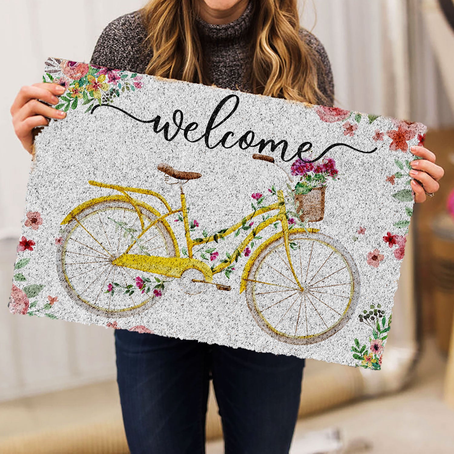 Ohaprints-Doormat-Outdoor-Indoor-Welcome-Yellow-Bike-Bicycle-With-Flowers-Floral-Grey-Rubber-Door-Mat-688-