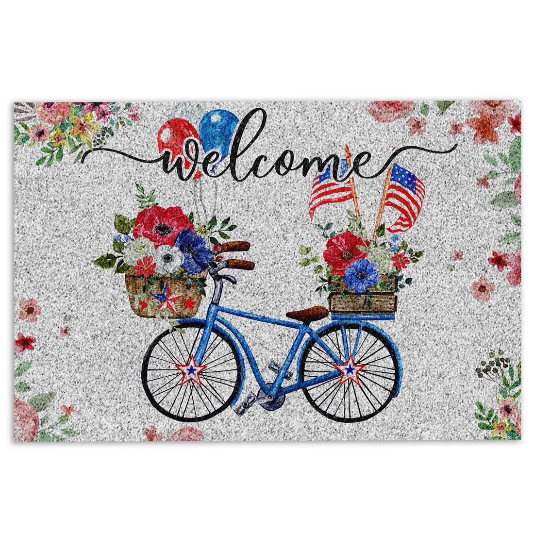 Ohaprints-Doormat-Outdoor-Indoor-American-Us-Flag-Patriotic-Bike-Bicycle-With-Flowers-Floral-Grey-Rubber-Door-Mat-689-18'' x 30''