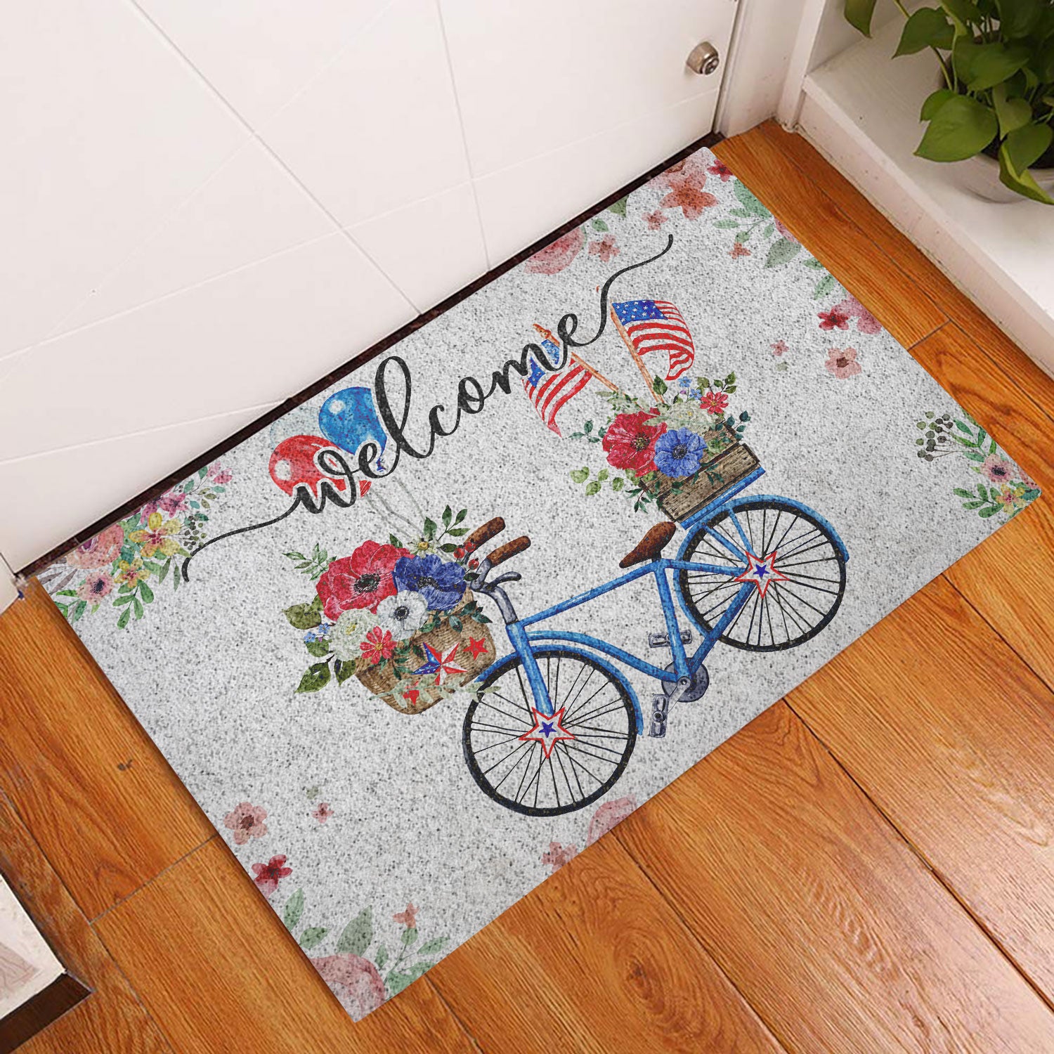 Ohaprints-Doormat-Outdoor-Indoor-American-Us-Flag-Patriotic-Bike-Bicycle-With-Flowers-Floral-Grey-Rubber-Door-Mat-689-