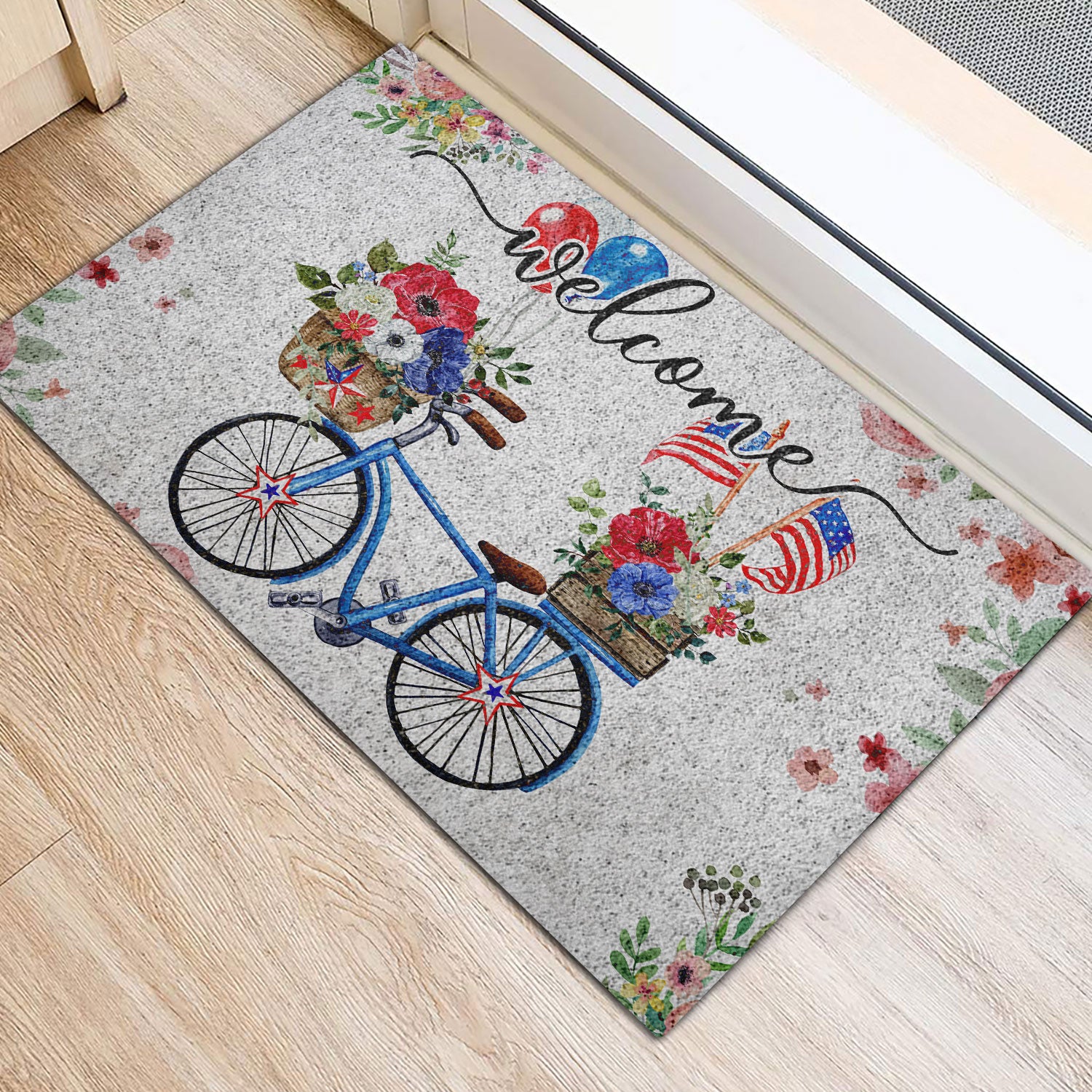 Ohaprints-Doormat-Outdoor-Indoor-American-Us-Flag-Patriotic-Bike-Bicycle-With-Flowers-Floral-Grey-Rubber-Door-Mat-689-