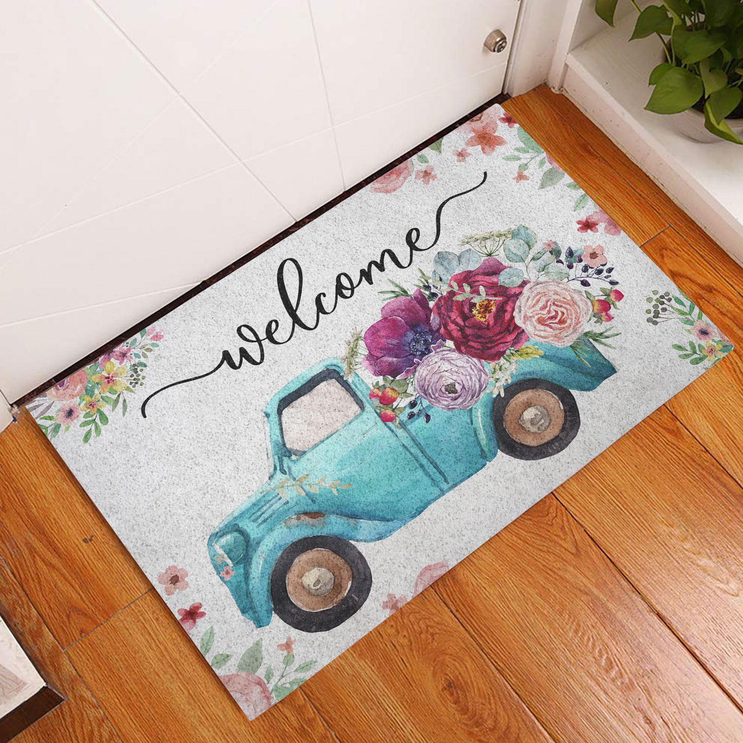 Ohaprints-Doormat-Outdoor-Indoor-Welcome-Blue-Truck-With-Flowers-Floral-Farm-House-Grey-Rubber-Door-Mat-693-