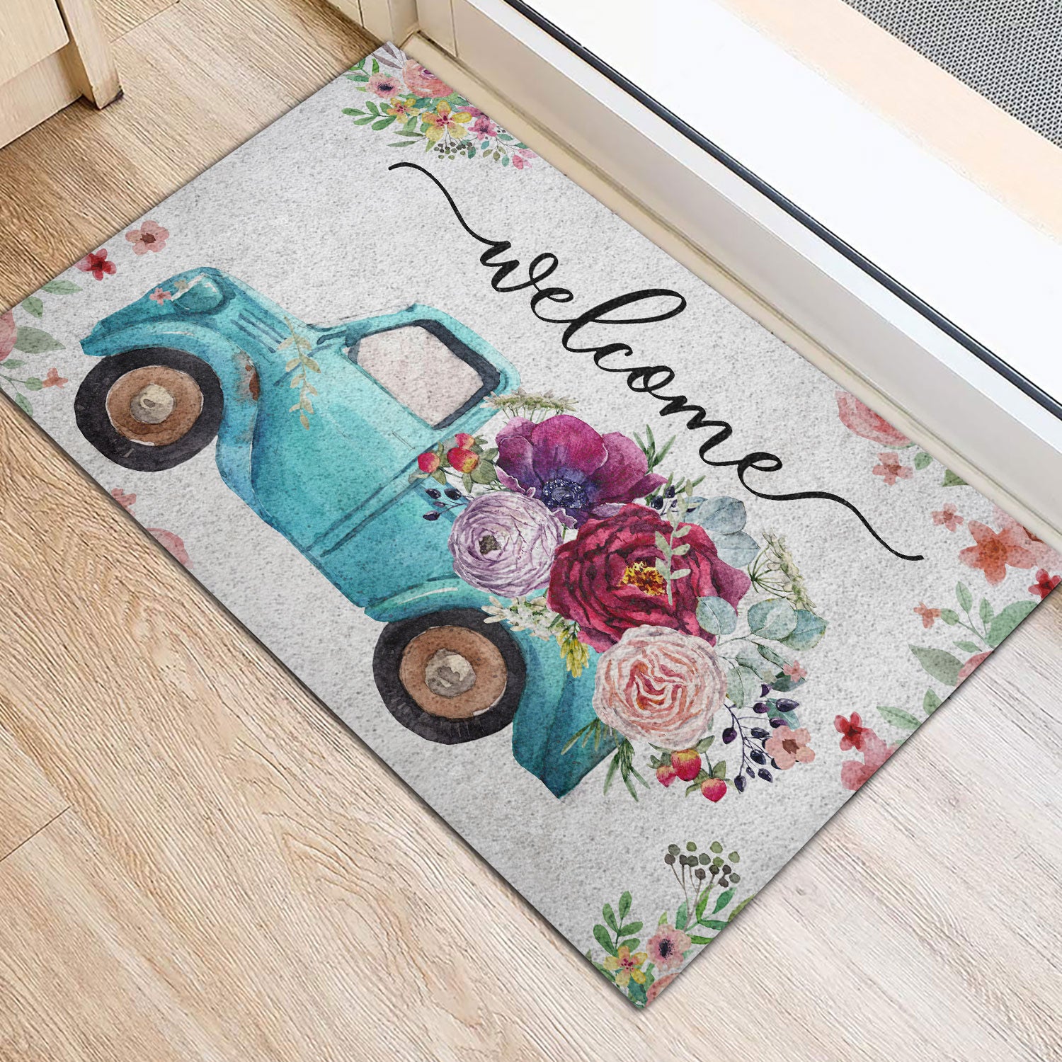 Ohaprints-Doormat-Outdoor-Indoor-Welcome-Blue-Truck-With-Flowers-Floral-Farm-House-Grey-Rubber-Door-Mat-693-