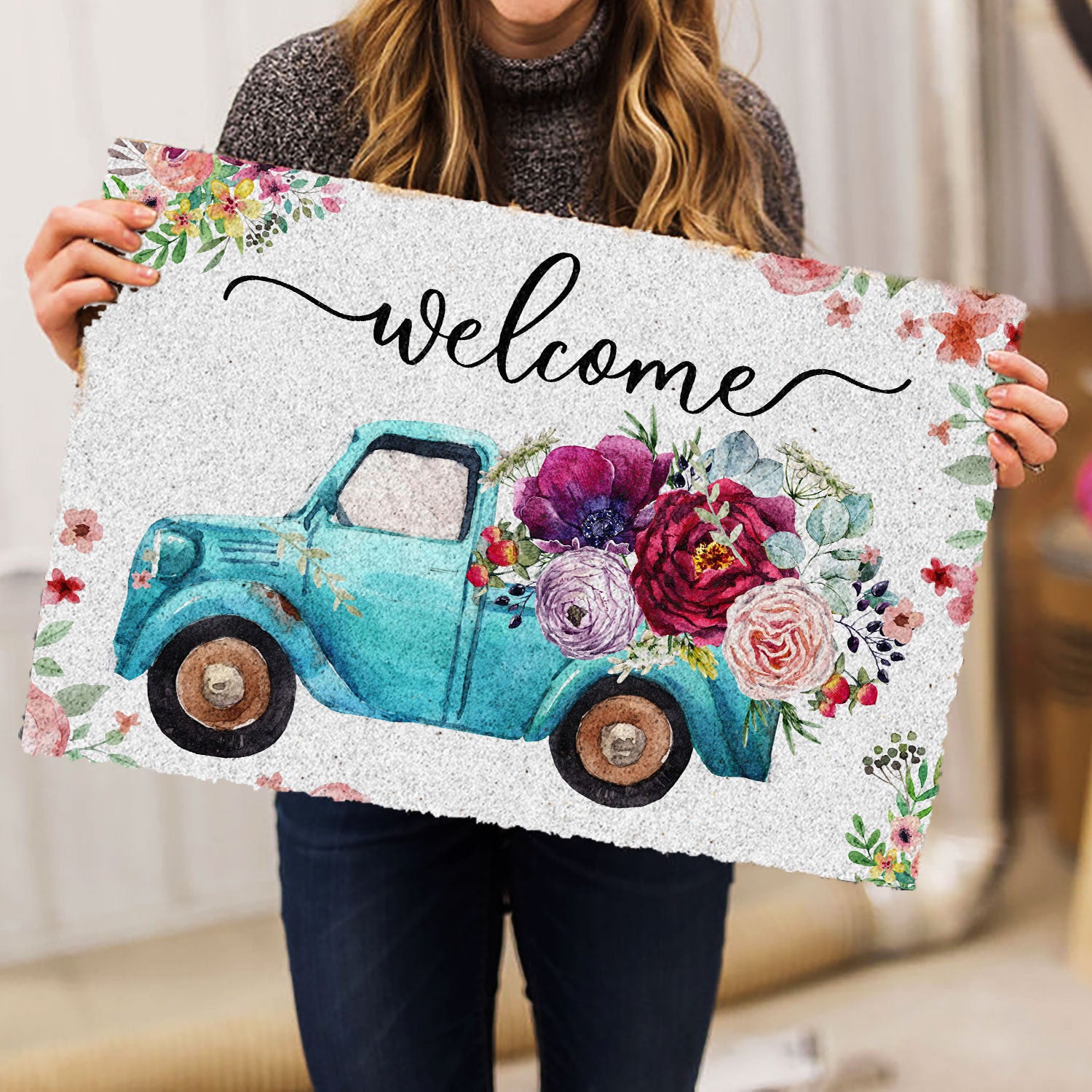 Ohaprints-Doormat-Outdoor-Indoor-Welcome-Blue-Truck-With-Flowers-Floral-Farm-House-Grey-Rubber-Door-Mat-693-