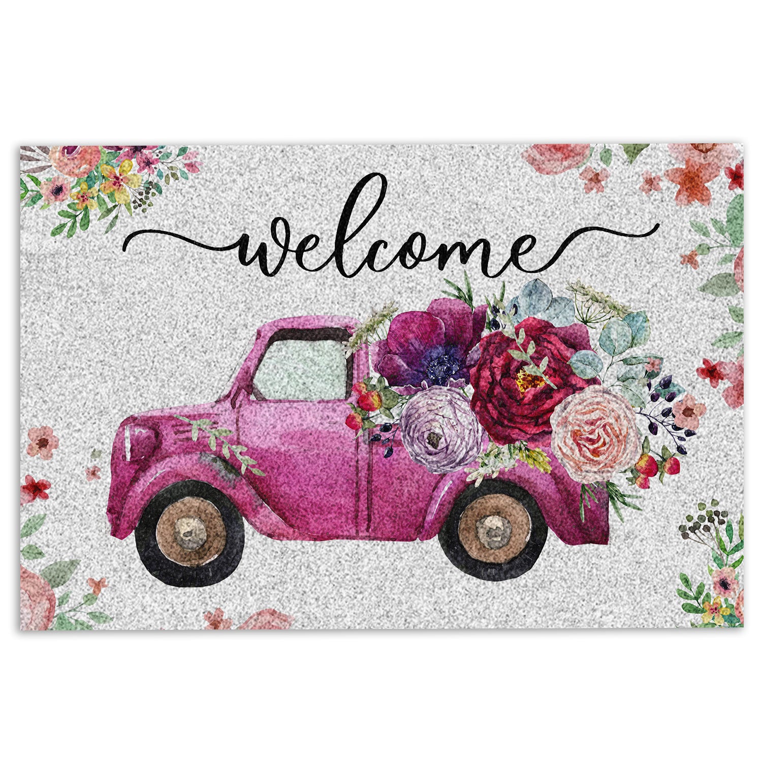 Ohaprints-Doormat-Outdoor-Indoor-Welcome-Pink-Truck-With-Flowers-Floral-Farm-House-Grey-Rubber-Door-Mat-694-18'' x 30''