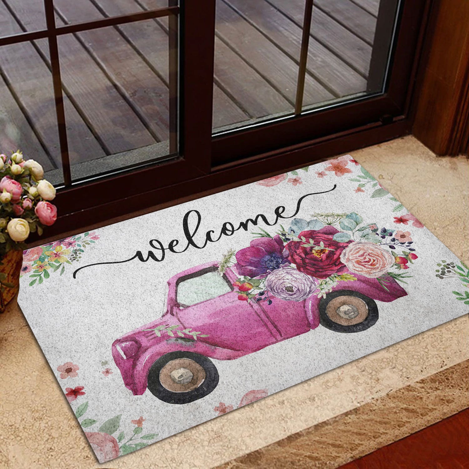 Ohaprints-Doormat-Outdoor-Indoor-Welcome-Pink-Truck-With-Flowers-Floral-Farm-House-Grey-Rubber-Door-Mat-694-