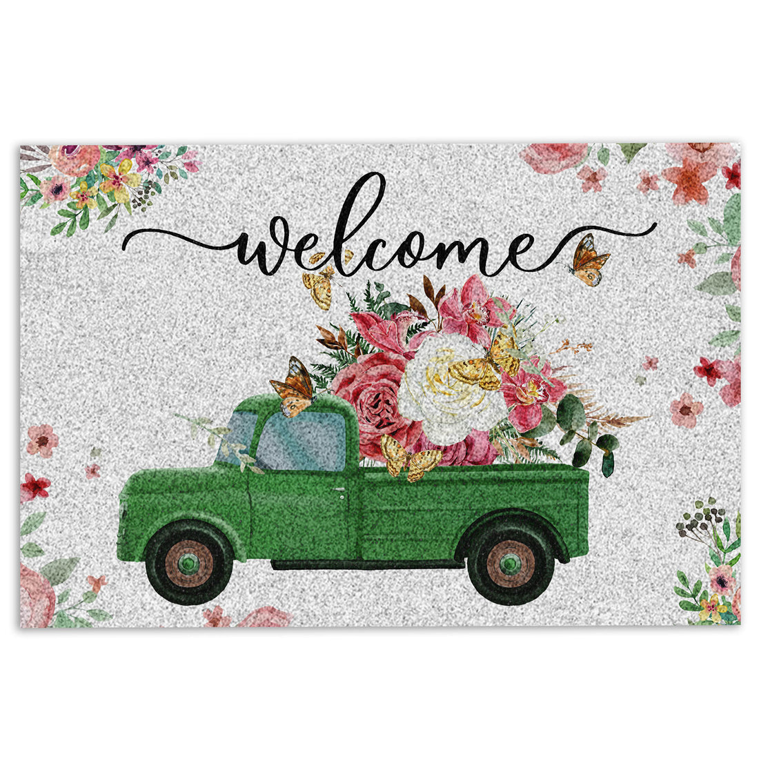 Ohaprints-Doormat-Outdoor-Indoor-Welcome-Green-Truck-With-Flowers-Floral-Farm-House-Grey-Rubber-Door-Mat-695-18'' x 30''