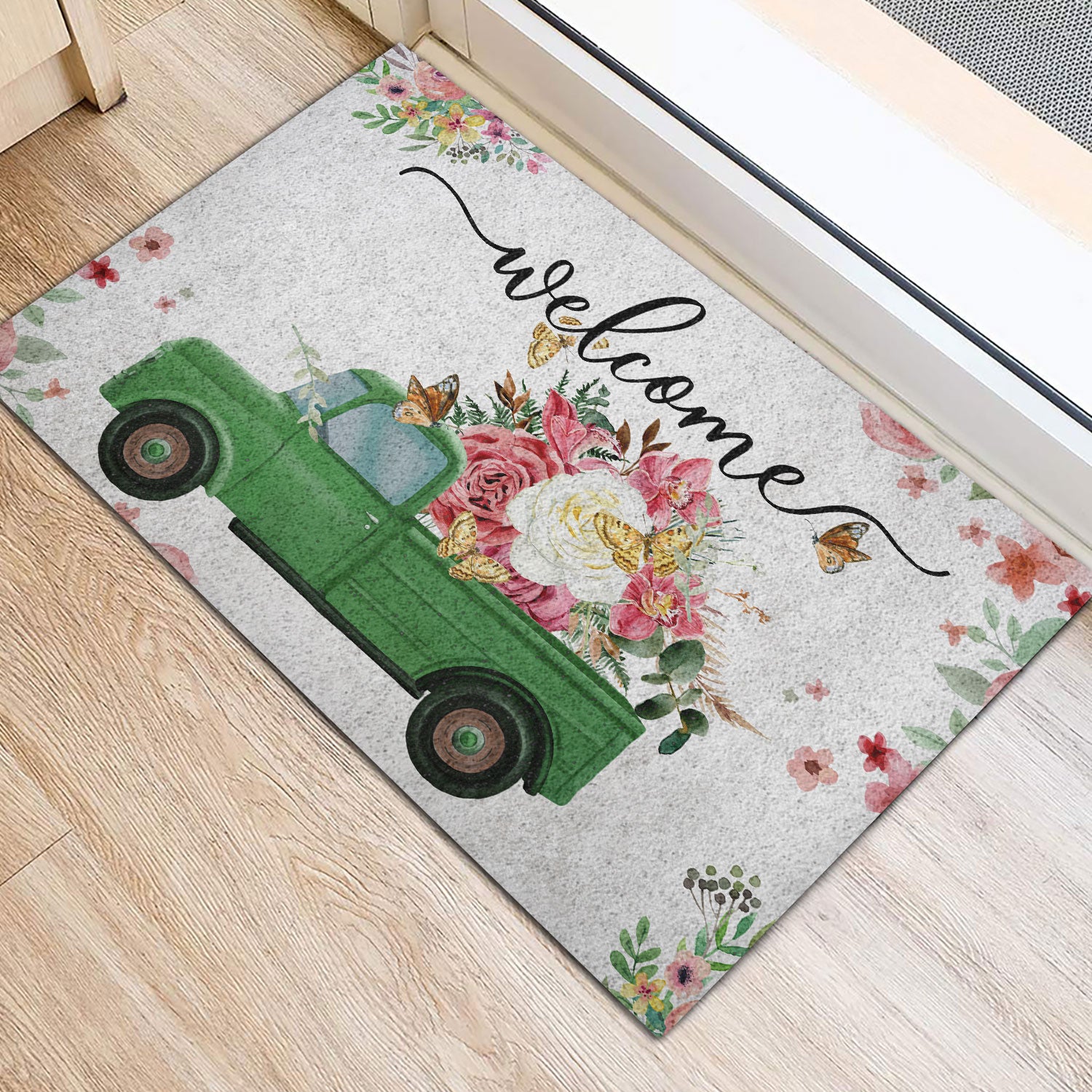 Ohaprints-Doormat-Outdoor-Indoor-Welcome-Green-Truck-With-Flowers-Floral-Farm-House-Grey-Rubber-Door-Mat-695-