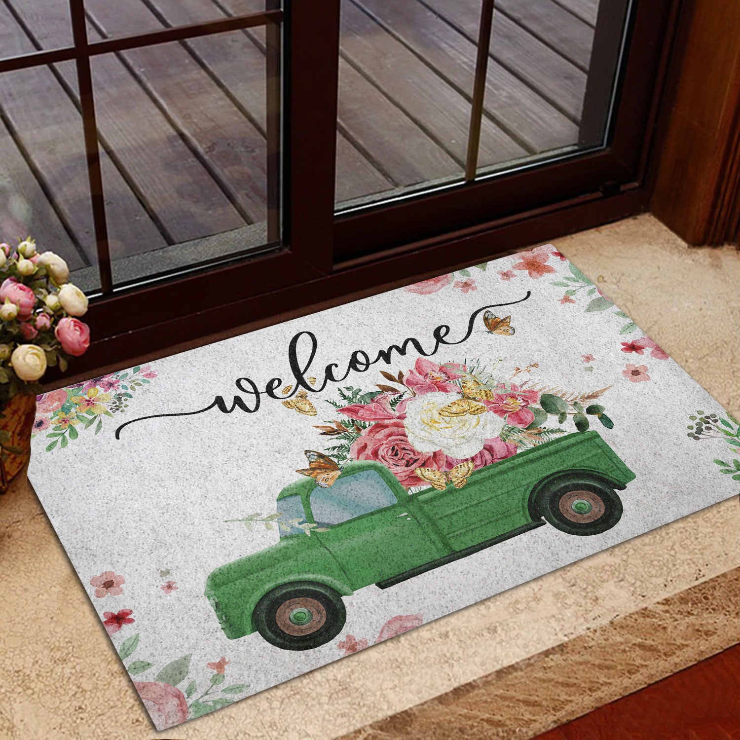 Ohaprints-Doormat-Outdoor-Indoor-Welcome-Green-Truck-With-Flowers-Floral-Farm-House-Grey-Rubber-Door-Mat-695-