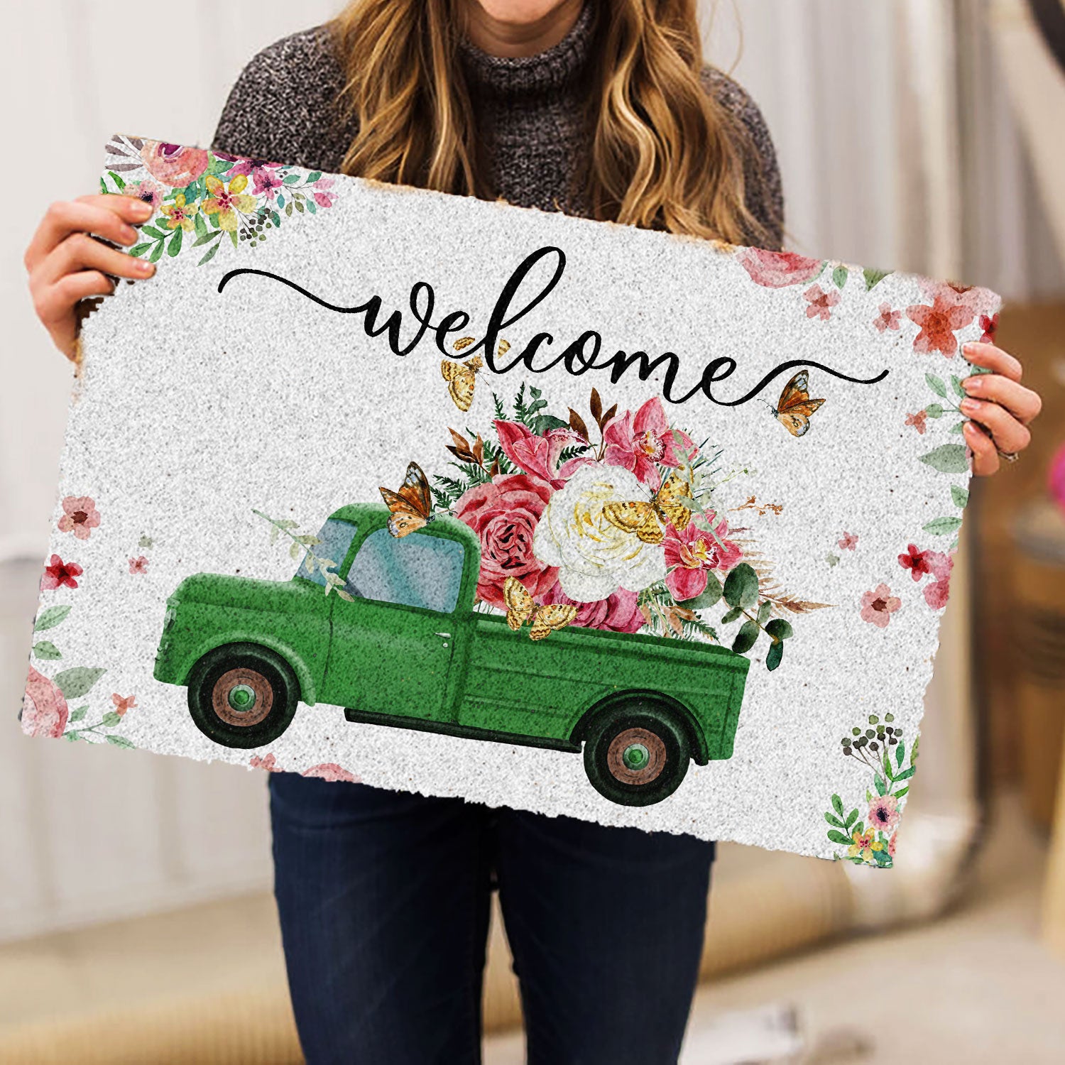 Ohaprints-Doormat-Outdoor-Indoor-Welcome-Green-Truck-With-Flowers-Floral-Farm-House-Grey-Rubber-Door-Mat-695-