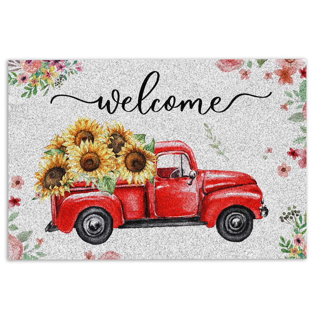 Ohaprints-Doormat-Outdoor-Indoor-Welcome-Red-Truck-With-Flowers-Floral-Farm-House-Grey-Rubber-Door-Mat-696-18'' x 30''