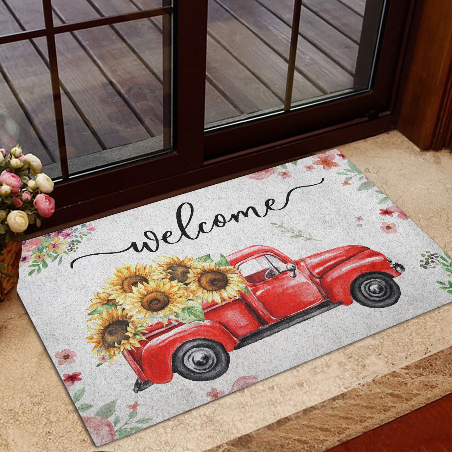 Ohaprints-Doormat-Outdoor-Indoor-Welcome-Red-Truck-With-Flowers-Floral-Farm-House-Grey-Rubber-Door-Mat-696-