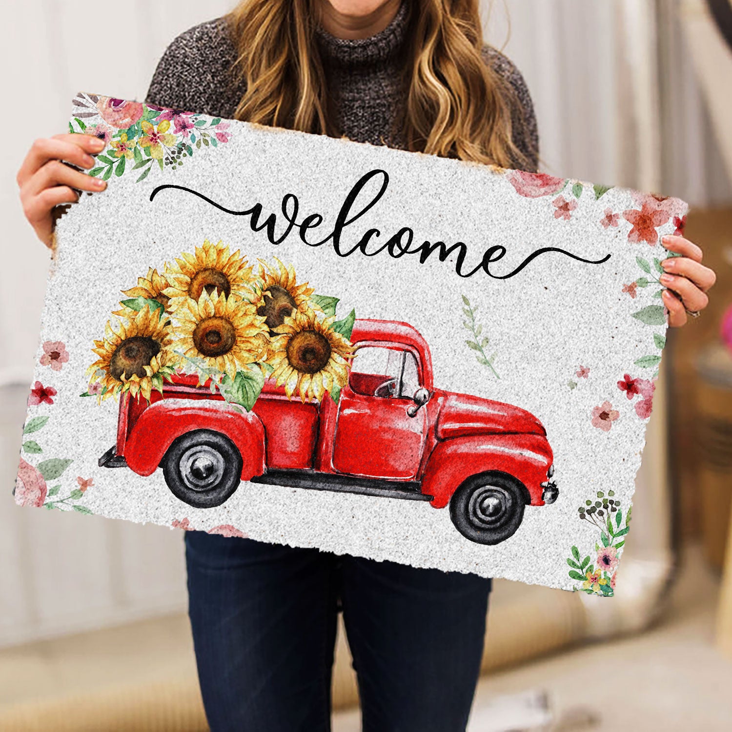 Ohaprints-Doormat-Outdoor-Indoor-Welcome-Red-Truck-With-Flowers-Floral-Farm-House-Grey-Rubber-Door-Mat-696-