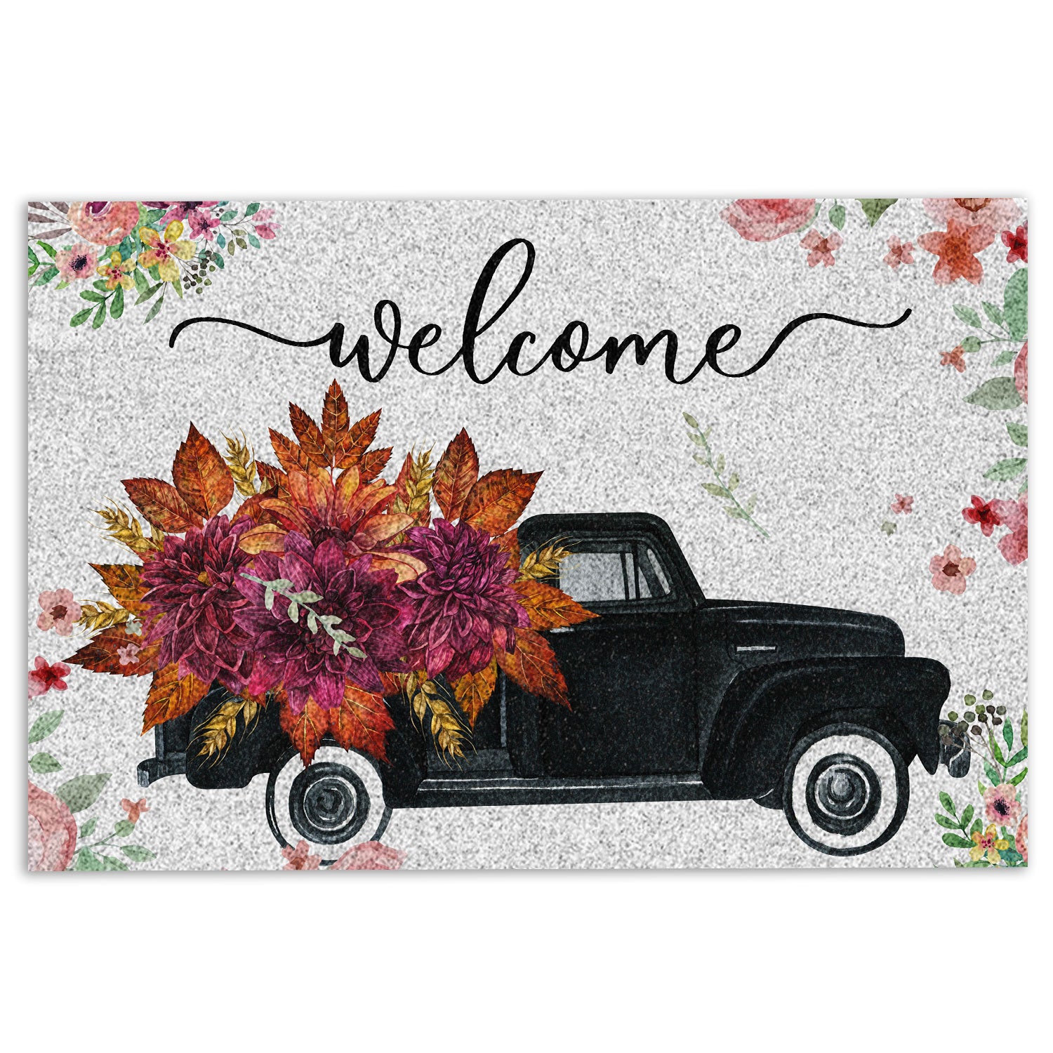 Ohaprints-Doormat-Outdoor-Indoor-Welcome-Black-Truck-With-Flowers-Floral-Farm-House-Grey-Rubber-Door-Mat-697-18'' x 30''