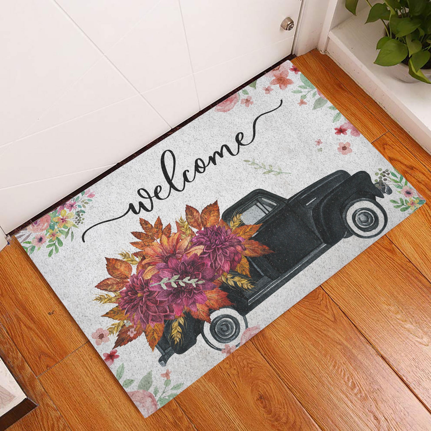 Ohaprints-Doormat-Outdoor-Indoor-Welcome-Black-Truck-With-Flowers-Floral-Farm-House-Grey-Rubber-Door-Mat-697-