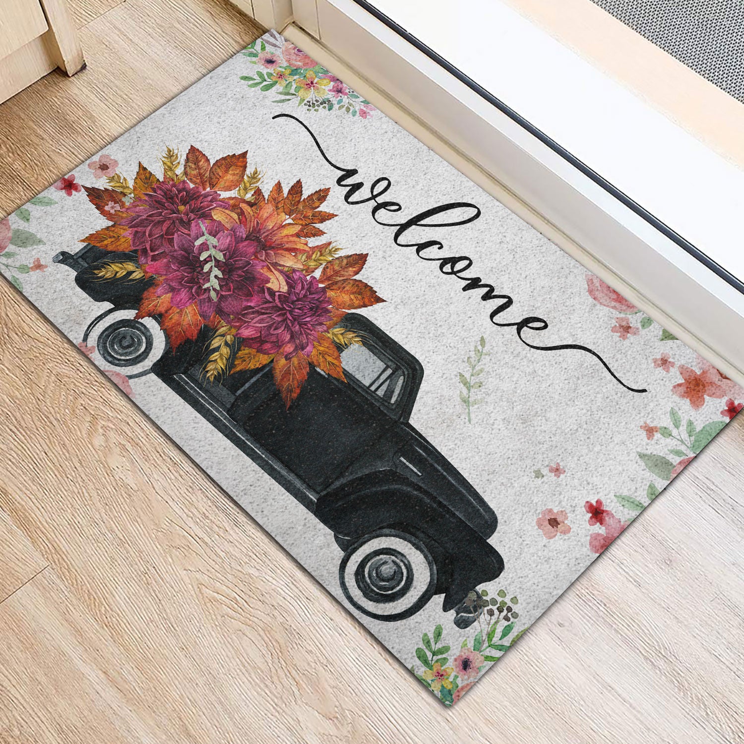 Ohaprints-Doormat-Outdoor-Indoor-Welcome-Black-Truck-With-Flowers-Floral-Farm-House-Grey-Rubber-Door-Mat-697-