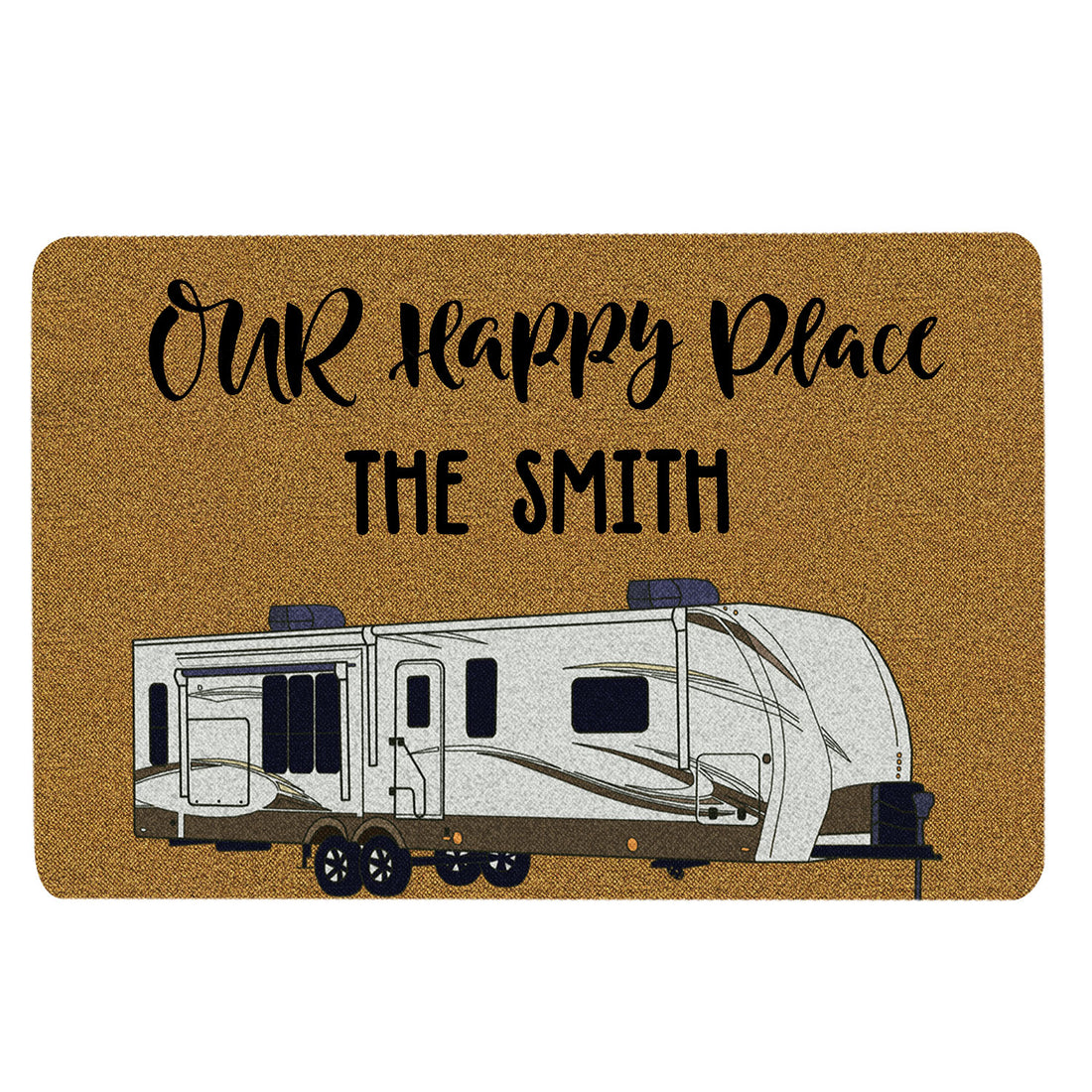 Ohaprints-Doormat-Outdoor-Indoor-Camping-Camper-Our-Happy-Place-Brown-Custom-Personalized-Name-Rubber-Door-Mat-1649-18'' x 30''