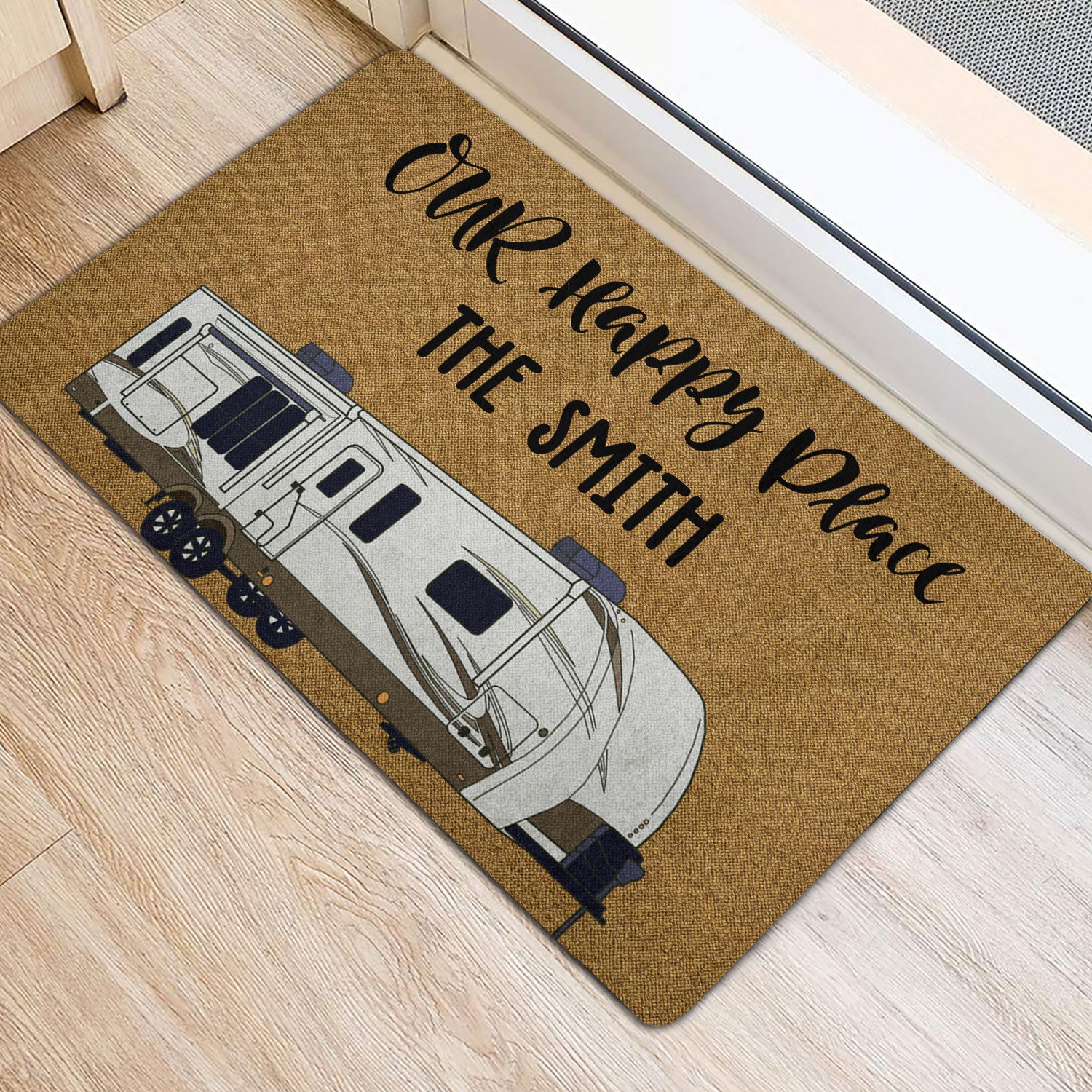 Ohaprints-Doormat-Outdoor-Indoor-Camping-Camper-Our-Happy-Place-Brown-Custom-Personalized-Name-Rubber-Door-Mat-1649-