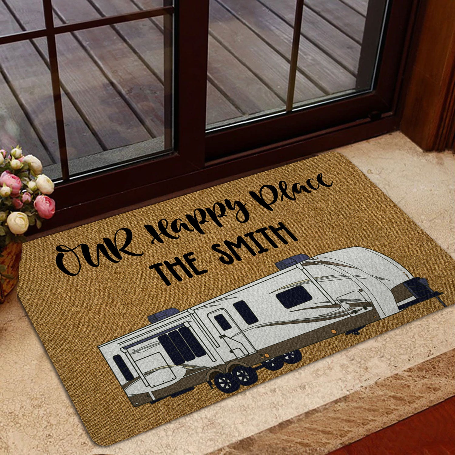 Ohaprints-Doormat-Outdoor-Indoor-Camping-Camper-Our-Happy-Place-Brown-Custom-Personalized-Name-Rubber-Door-Mat-1649-