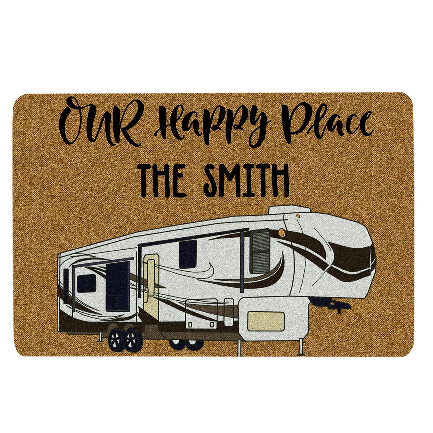 Ohaprints-Doormat-Outdoor-Indoor-Camper-Our-Happy-Place-Camping-Brown-Custom-Personalized-Name-Rubber-Door-Mat-1650-18'' x 30''