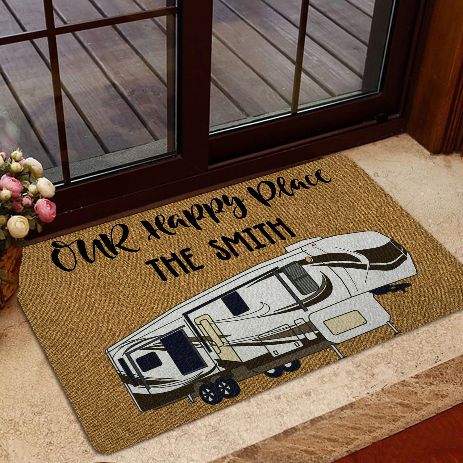 Ohaprints-Doormat-Outdoor-Indoor-Camper-Our-Happy-Place-Camping-Brown-Custom-Personalized-Name-Rubber-Door-Mat-1650-