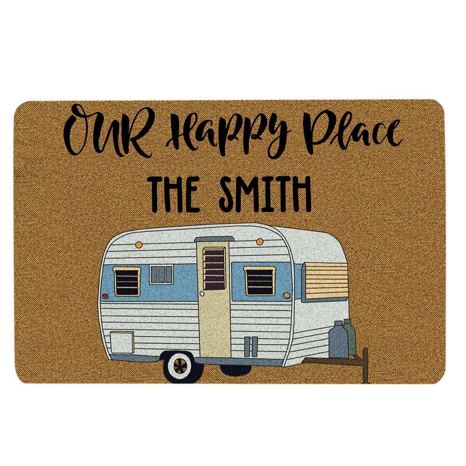 Ohaprints-Doormat-Outdoor-Indoor-Campers-Our-Happy-Place-Camping-Brown-Custom-Personalized-Name-Rubber-Door-Mat-1651-18'' x 30''