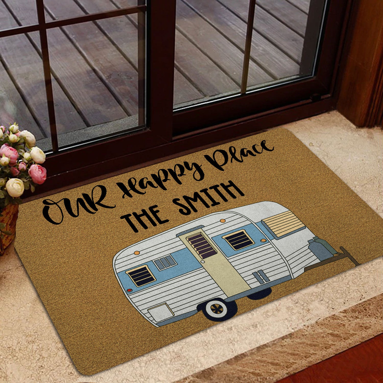 Ohaprints-Doormat-Outdoor-Indoor-Campers-Our-Happy-Place-Camping-Brown-Custom-Personalized-Name-Rubber-Door-Mat-1651-