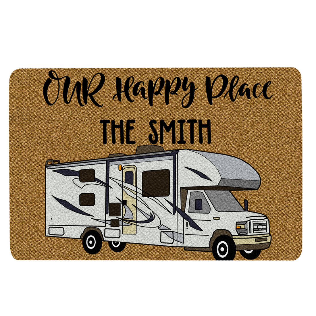 Ohaprints-Doormat-Outdoor-Indoor-Campers-Camping-Our-Happy-Place-Brown-Custom-Personalized-Name-Rubber-Door-Mat-1652-18'' x 30''