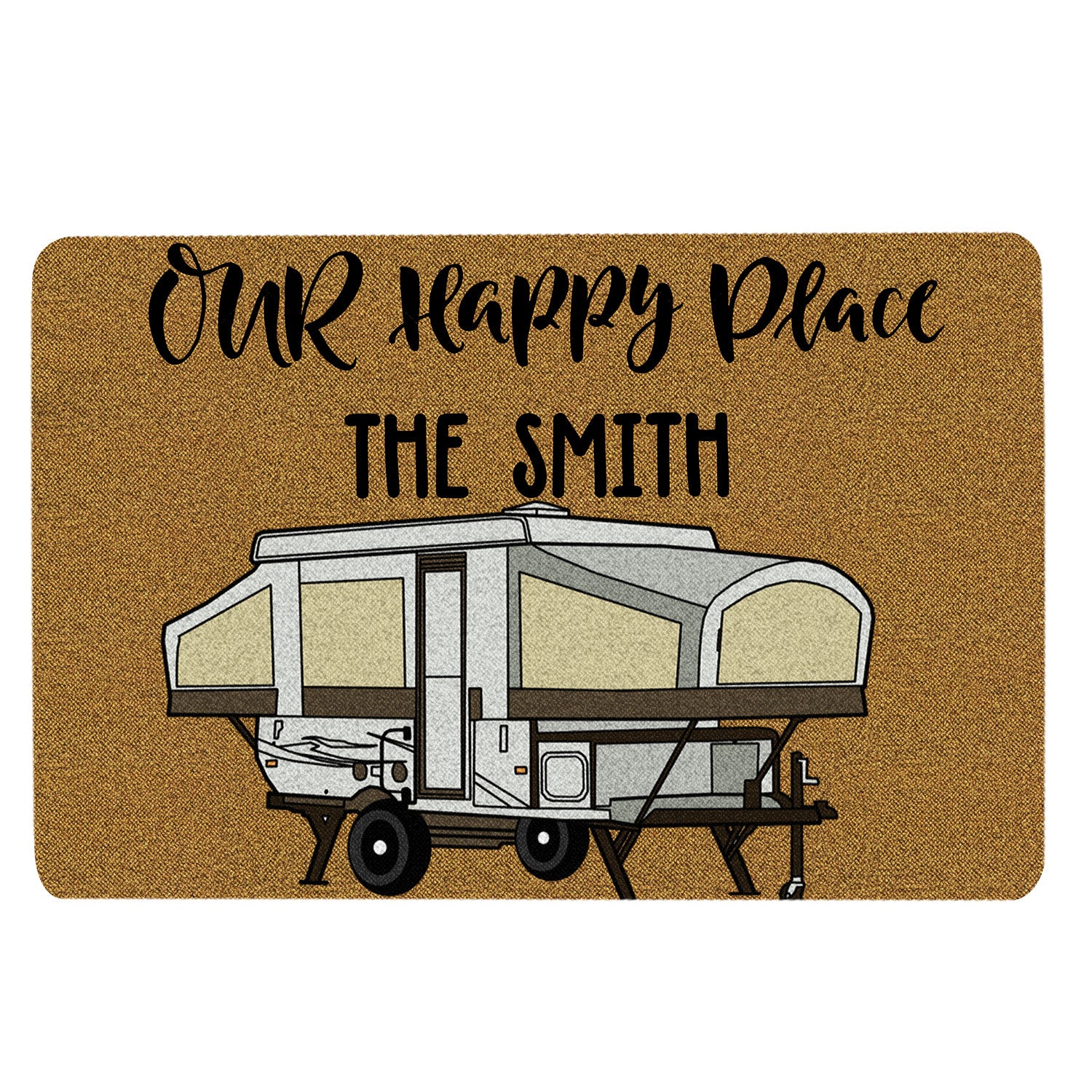 Ohaprints-Doormat-Outdoor-Indoor-Camping-Campers-Our-Happy-Place-Brown-Custom-Personalized-Name-Rubber-Door-Mat-1653-18'' x 30''